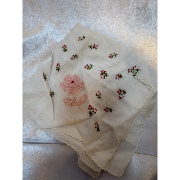 The Unbranded Brand Accessories - Vintage Handkerchief Hankie Green Pink Floral Embroidery Dainty Bridal